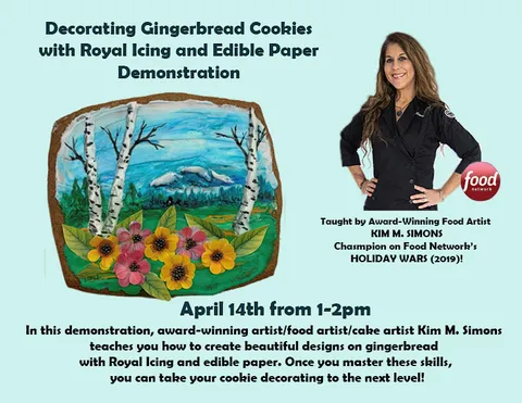 Promotional flyer for a gingerbread decorating demo featuring a painted birch tree cookie.