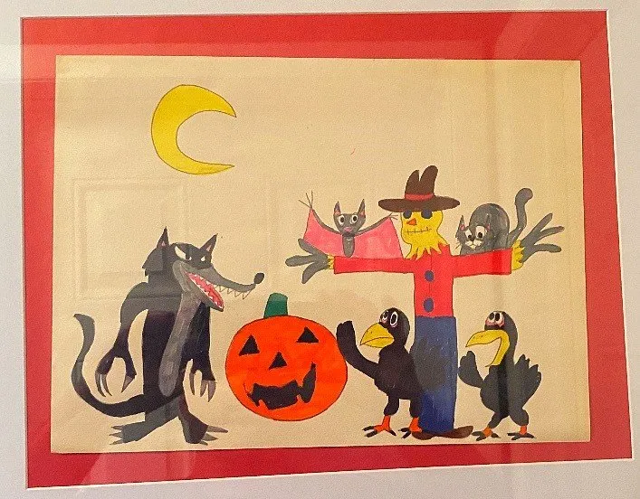Devin's Halloween painting of a black wolf, jack-o'-lantern, scarecrow, and crows under a crescent moon.