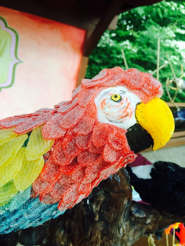 A colorful macaw sculpture crafted from layered, sugared gummy candies features red, yellow, green, and blue feathers, a white face with a yellow eye, and a black and yellow beak.