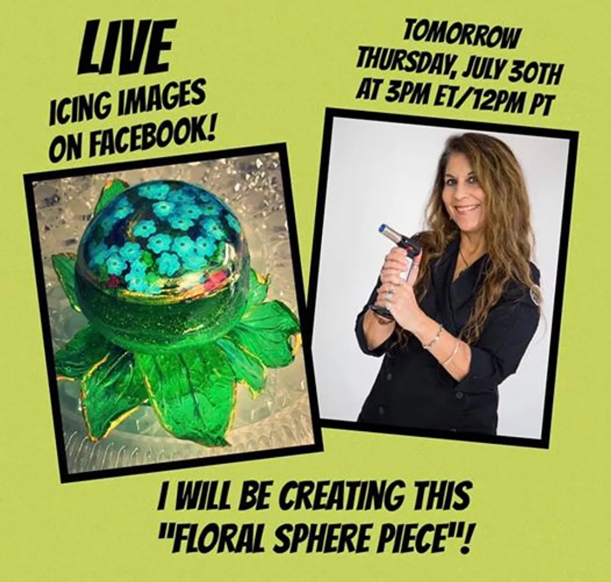 Promotional graphic for a Facebook live demo featuring a woman with a torch and a floral sphere.