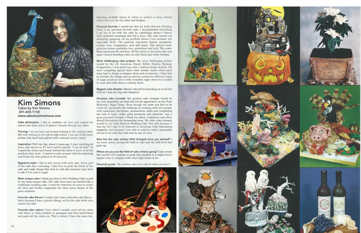 Dessert Professional Magazine spread featuring Kim Simons and a peacock-decorated wedding cake.