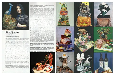 Dessert Professional Magazine spread featuring Kim Simons and a peacock-decorated wedding cake.