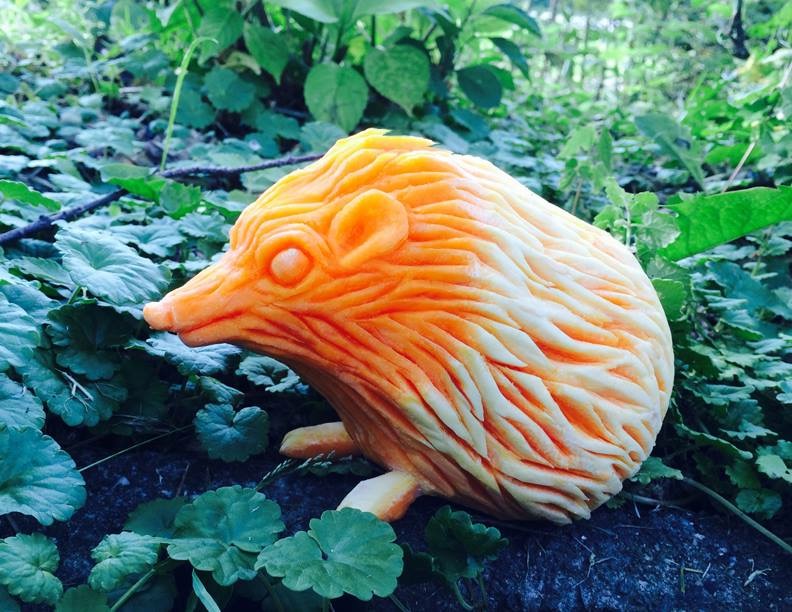 A detailed vegetable carving of a hedgehog, featuring textured orange and white flesh to mimic spines, rests on a bed of green leafy plants.
