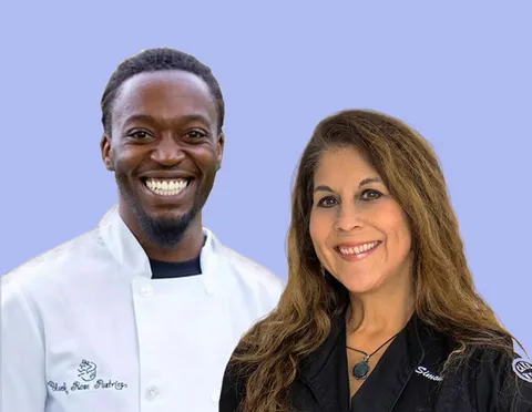 Kim Simons and a chef partner in front of a purple background.