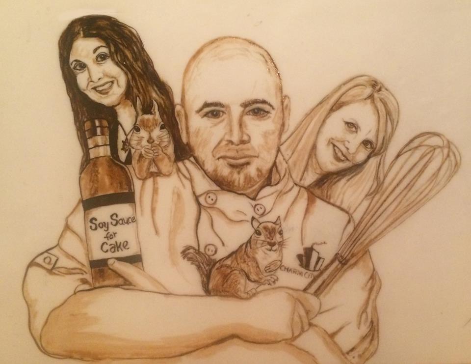 A sepia-toned pencil sketch depicts a bald chef in a white coat holding a bottle labeled "Soy Sauce for Cake" and a whisk, flanked by two smiling women and two squirrels.