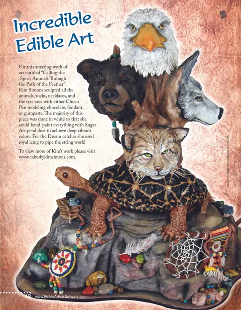 Magazine spread from Edible Artists Network featuring a sculpted cake with mountain lion, bear, wolf, and eagle.