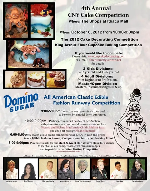 Flyer for the 4th Annual CNY Cake Competition featuring decorated cakes, cupcakes, and judge headshots.