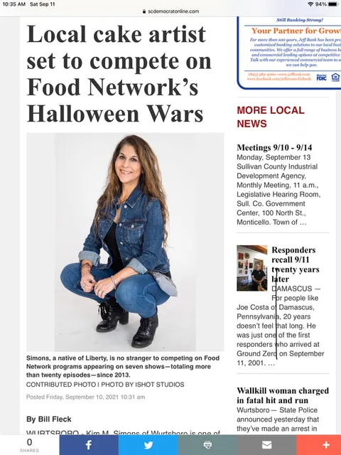 News article screenshot about Kim Simons competing on Food Network's Halloween Wars.