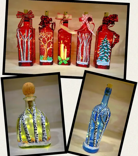 Collage of hand-painted glass bottles decorated with winter scenes, illuminated by string lights.