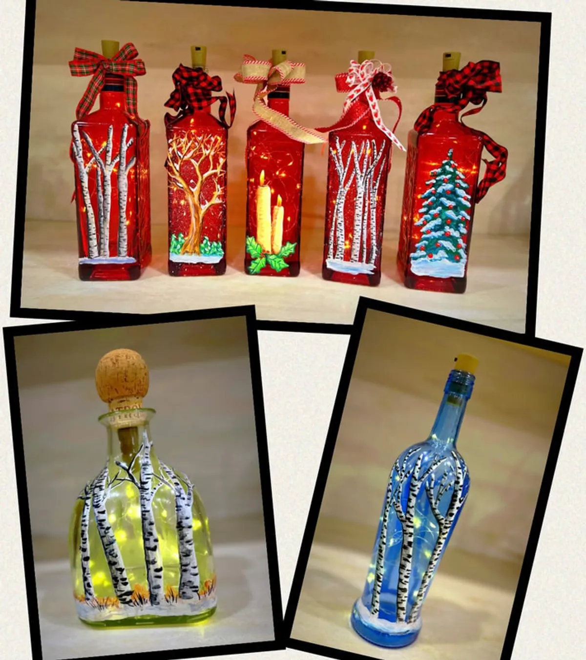 Collage of hand-painted glass bottles decorated with winter scenes, illuminated by string lights.
