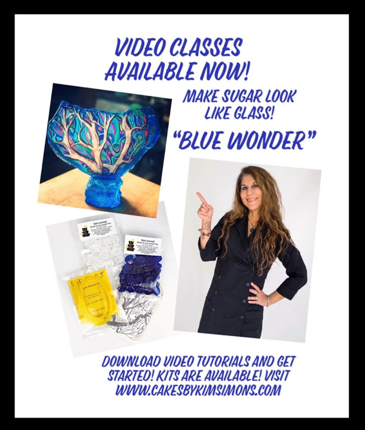 Promotional graphic for Blue Wonder isomalt video tutorial featuring a blue glass-like sugar bowl.