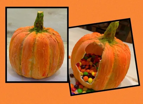 Side-by-side comparison of a whole chocolate pumpkin and one with candies spilling from a carved opening.