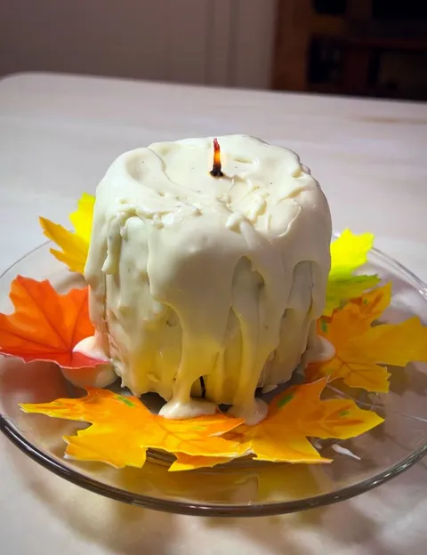 A white candle cake centerpiece decorated to look like a large candle