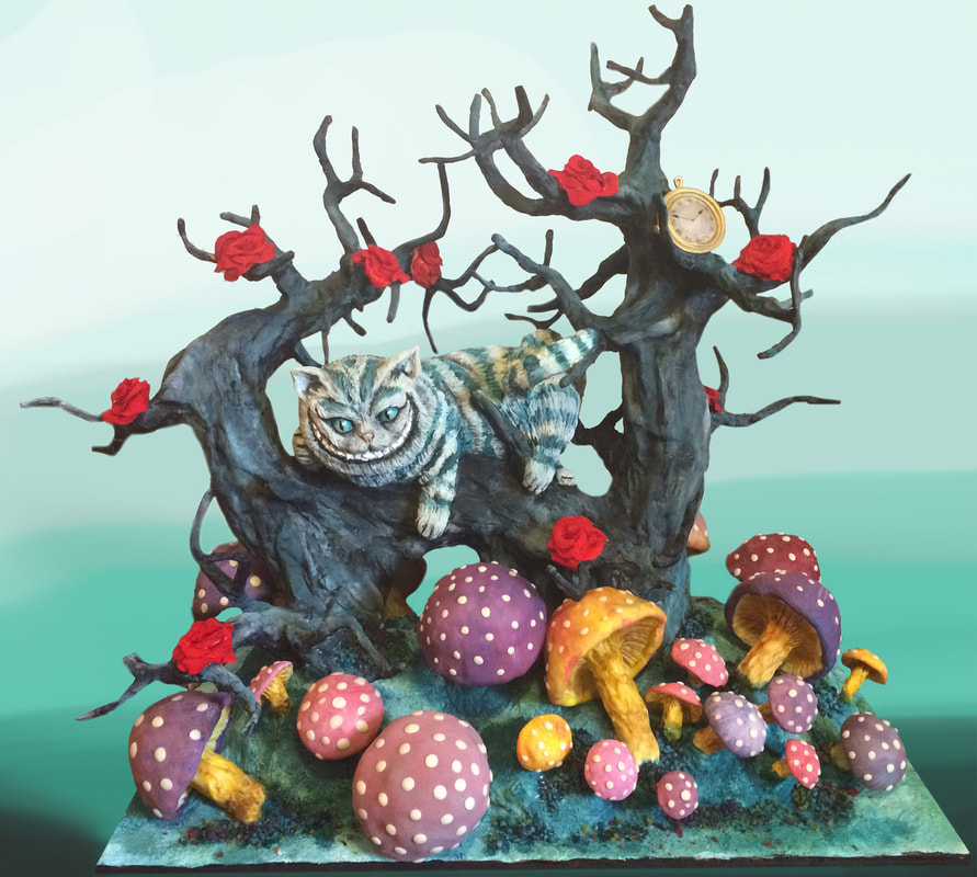 A sculpted cake of a Cheshire Cat with a wide grin perches on a gnarled, dark tree branch adorned with red roses and a gold pocket watch, surrounded by a whimsical forest floor of colorful spotted mushrooms.