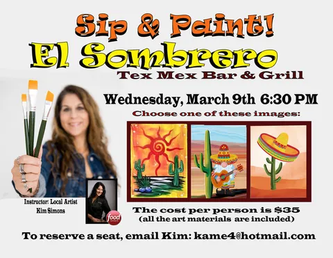Flyer for a Sip and Paint event at El Sombrero featuring desert scene paintings.