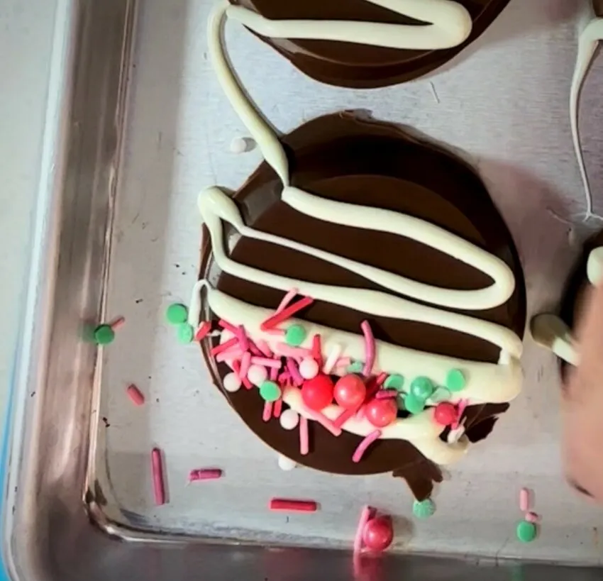 Decorated chocolate morsels with icing and sprinkles.