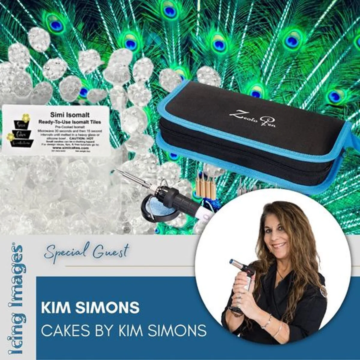 Promotional graphic for an Icing Images Facebook live demo featuring Kim Simons and isomalt supplies.