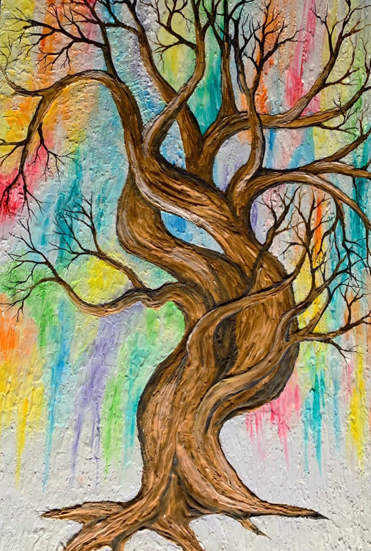 A sugar painting of a gnarled, leafless brown tree with twisted branches set against a vibrant, textured background of vertical rainbow-colored sugar paint drips.