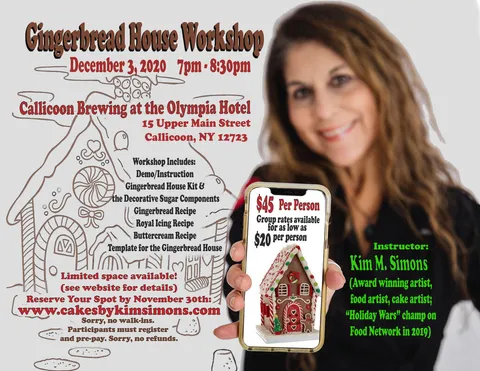 Promotional flyer for a Gingerbread House Workshop featuring a smiling woman and a gingerbread house.