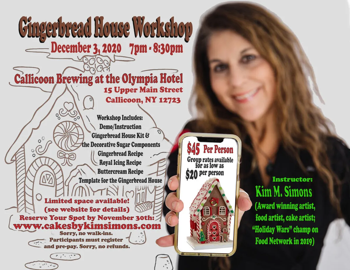 Promotional flyer for a Gingerbread House Workshop featuring a smiling woman and a gingerbread house.