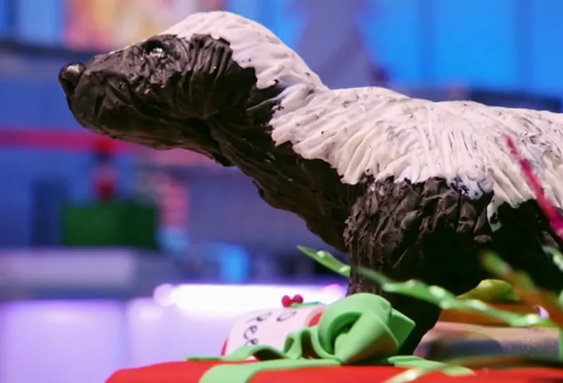 A honey badger cake sculpture on a red gift box.