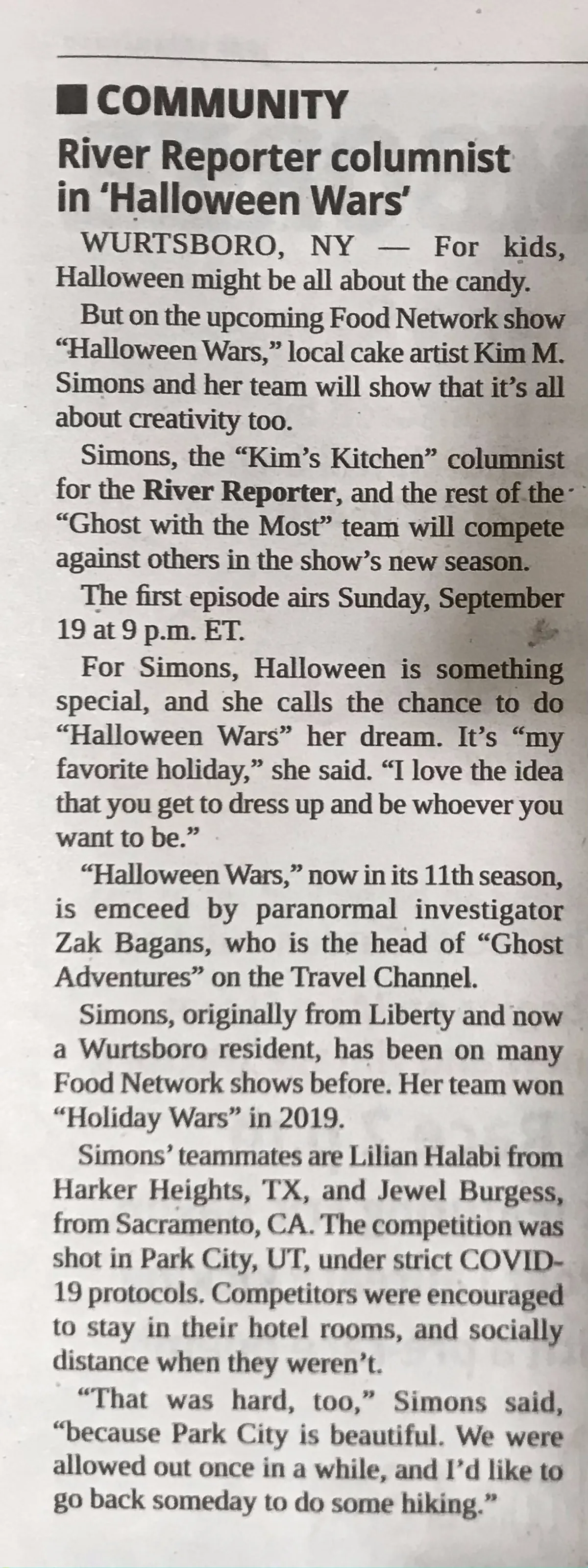 River Reporter article titled River Reporter columnist in Halloween Wars.