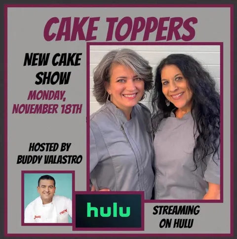 Promotional poster for the Hulu show Cake Toppers featuring two hosts and buddy Valastro.