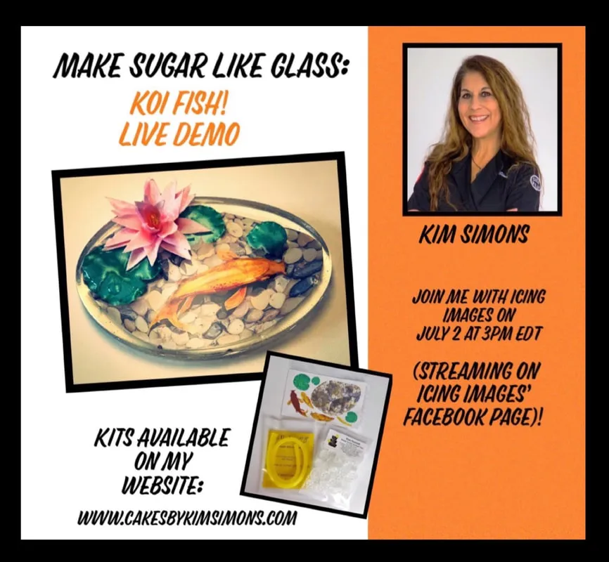 Promotional flyer for a Make Sugar Like Glass Koi Fish live demo featuring a sugar koi pond cake.