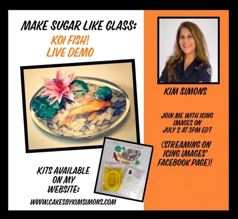 Promotional flyer for a Make Sugar Like Glass Koi Fish live demo featuring a sugar koi pond cake.