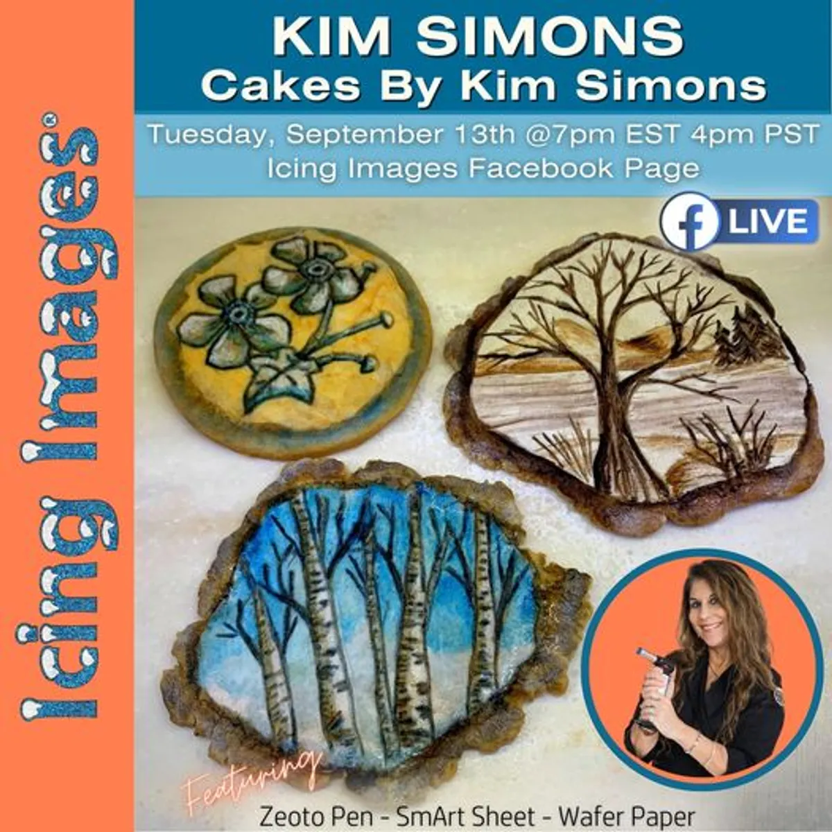 Promotional graphic for a Facebook live event featuring decorated cookies and Kim Simons.