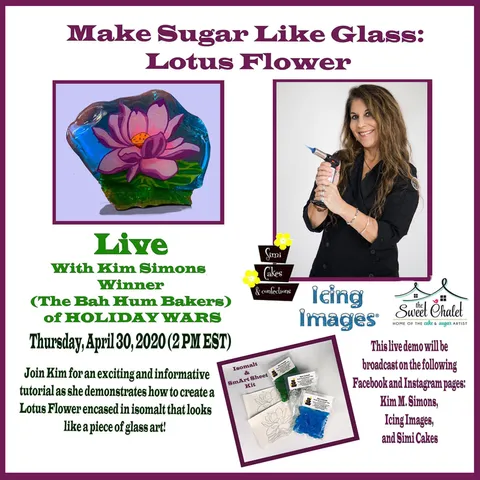 Promotional flyer for a Make Sugar Like Glass Lotus Flower tutorial featuring blue and purple isomalt lotus candy.