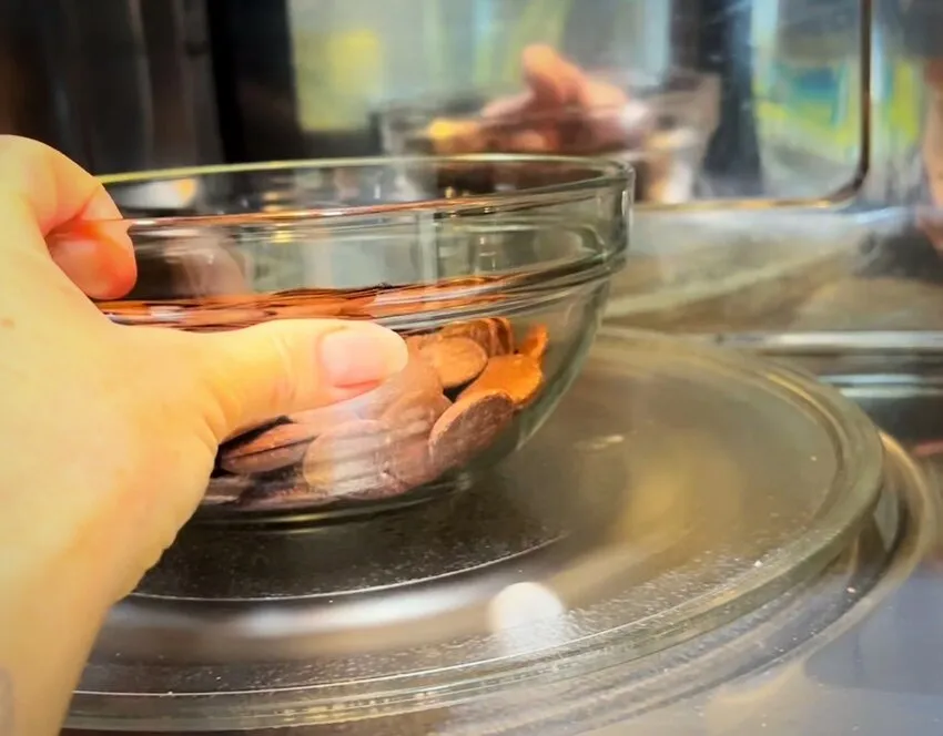 Hand placing a bowl of chocolate chips in a microwave.