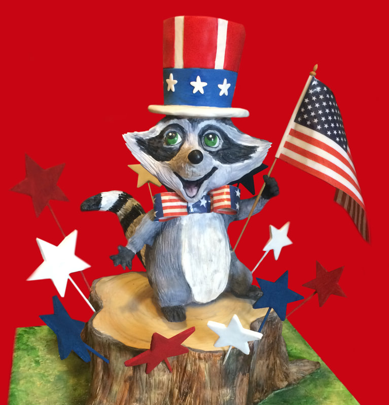 A cheerful raccoon wearing a patriotic Uncle Sam top hat and an American flag bowtie stands on a tree stump holding a small US flag, surrounded by red, white, and blue stars against a solid red background.