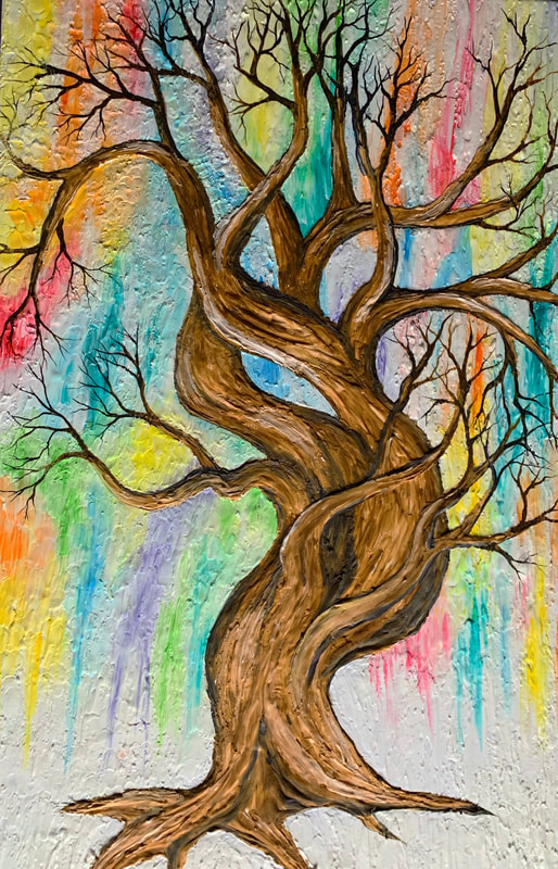 A painting of a twisted, leafless brown tree with intricate branches set against a vibrant, textured background of vertical rainbow-colored paint strokes.