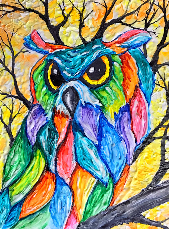 A vibrant, multicolored owl with large yellow eyes perches on a dark branch against a textured yellow and orange background.
