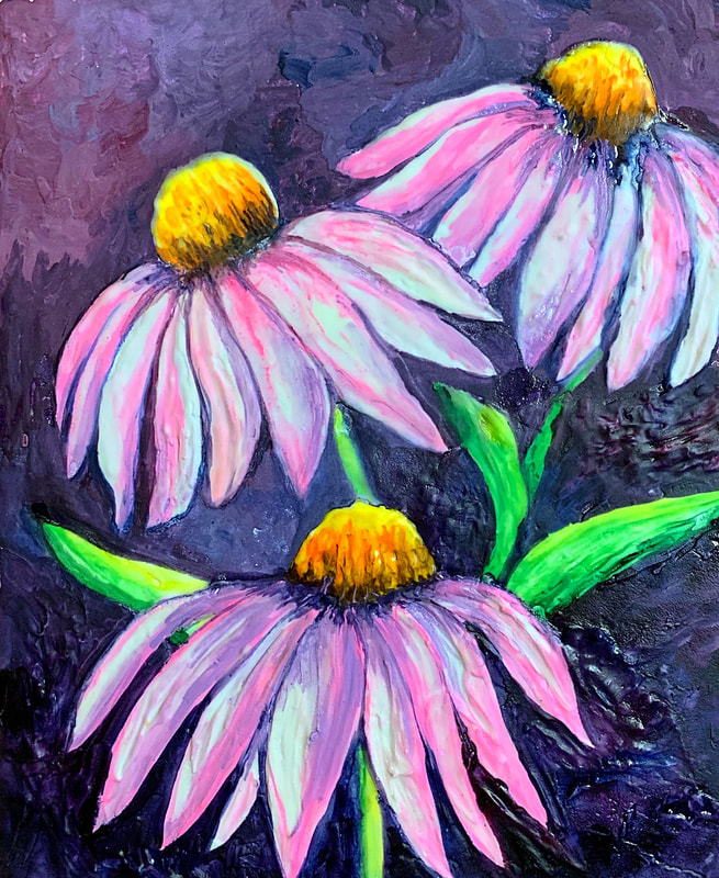 A painting of three pink coneflowers with yellow centers and green leaves set against a dark purple background.