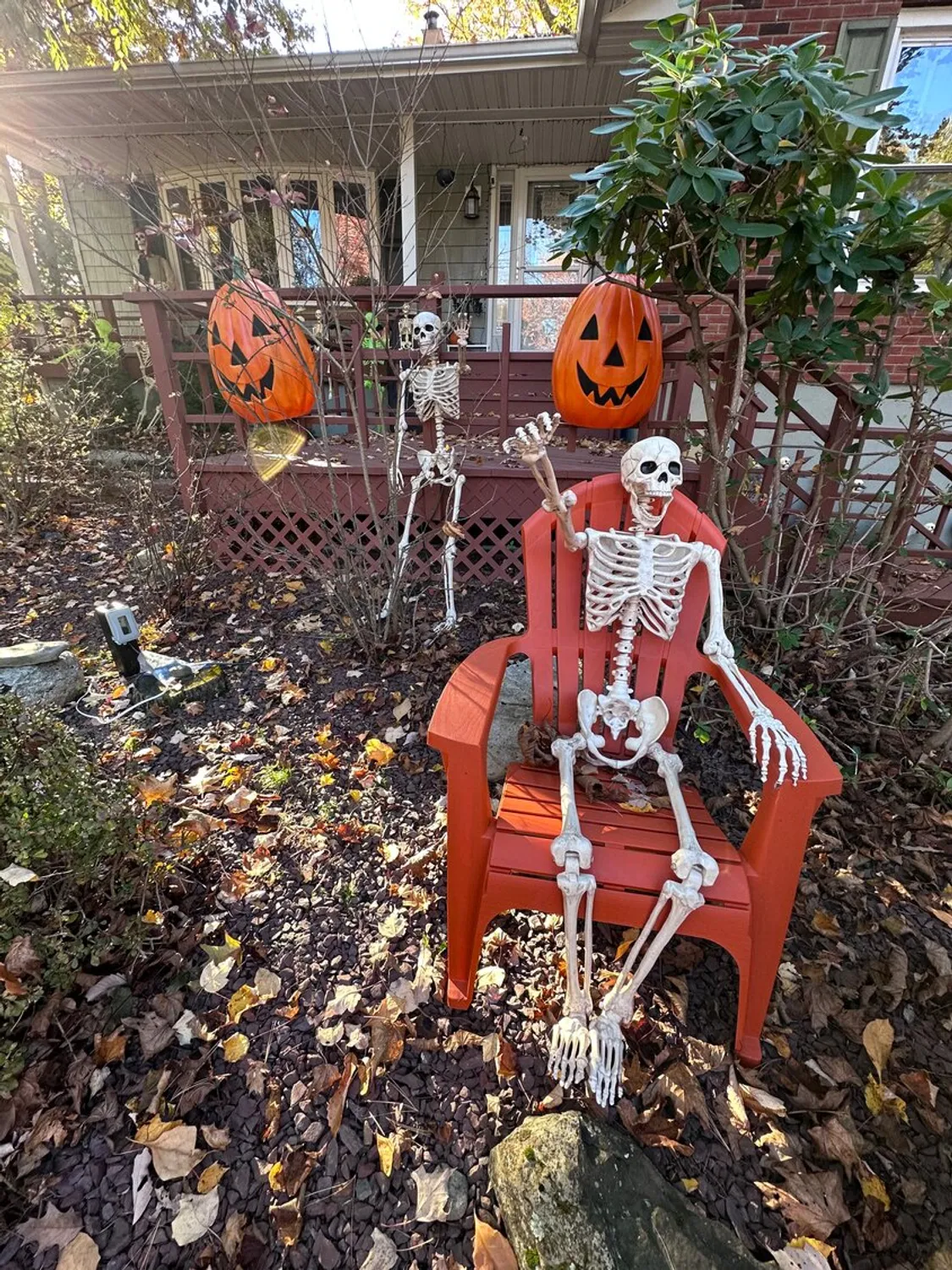 A skeleton figure sitting in a rocking chair in front of a porch with fallen leaves around him for Halloween