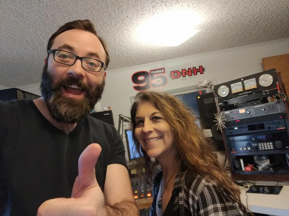Kim Simons with radio host Adam Owens in the DNH radio studio.
