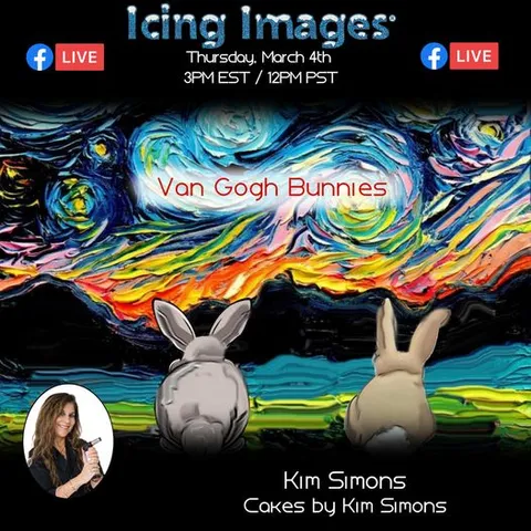 Promotional graphic for a Van Gogh Bunnies Facebook live demo with bunny cakes and Starry Night background.